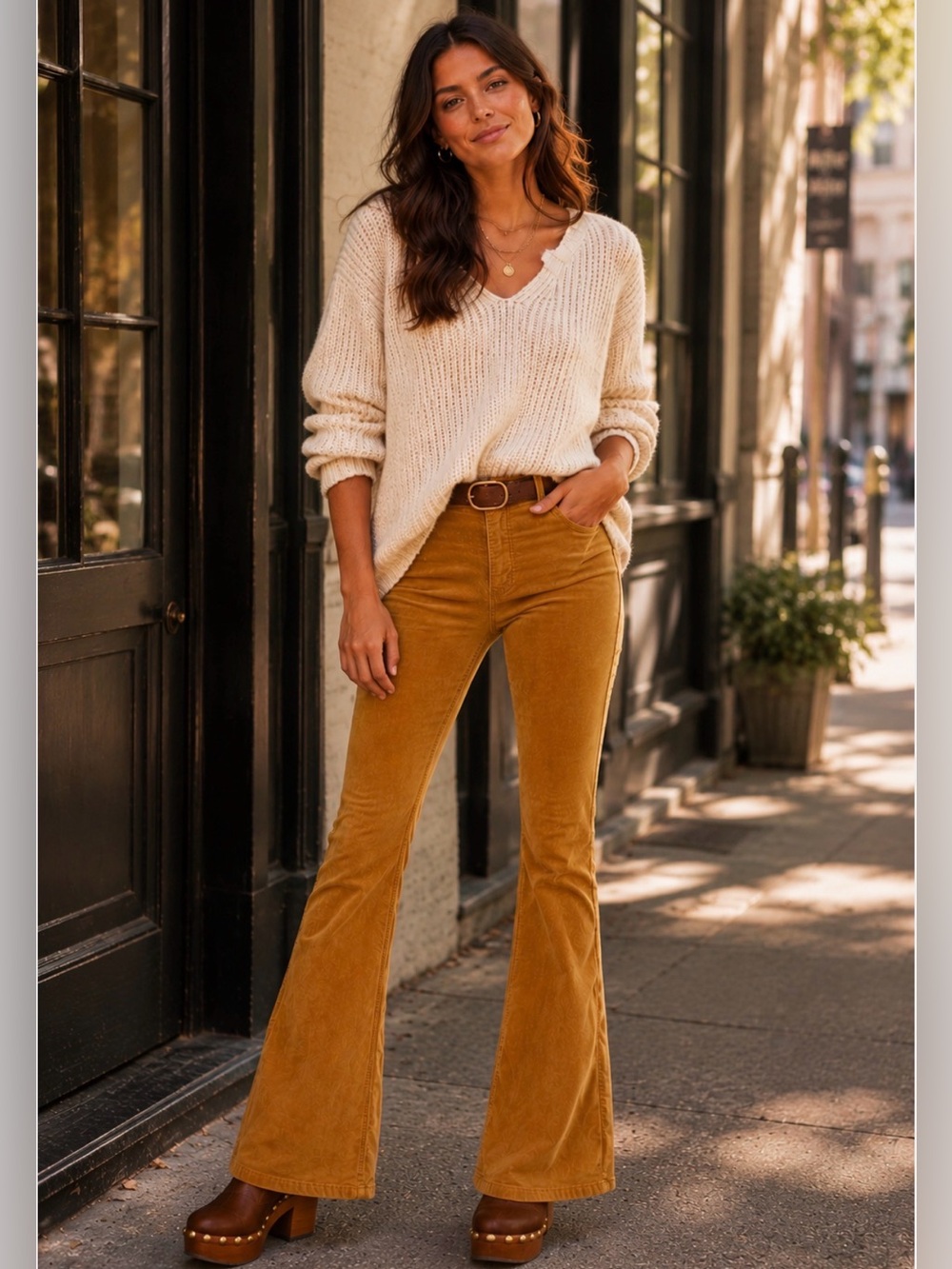 We The Free Pull On Corduroy Flare Pants in Sueded Suntan Colorway
